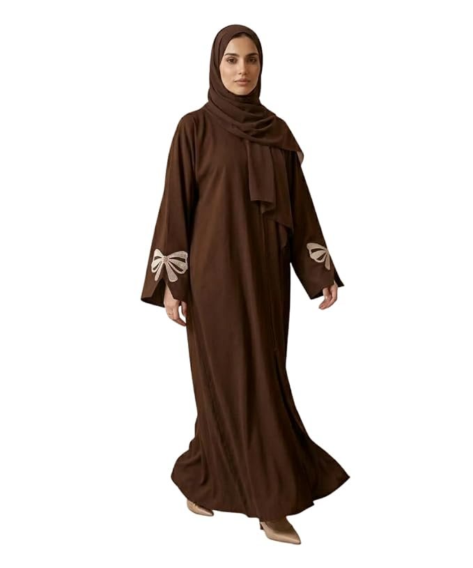 Women Premium Firdous Fabric Brown Abaya Burqa with Designer Sleeve Embroidery | Long Sleeves | Elegant Modest Wear | Flowy Fit | Without Dupatta