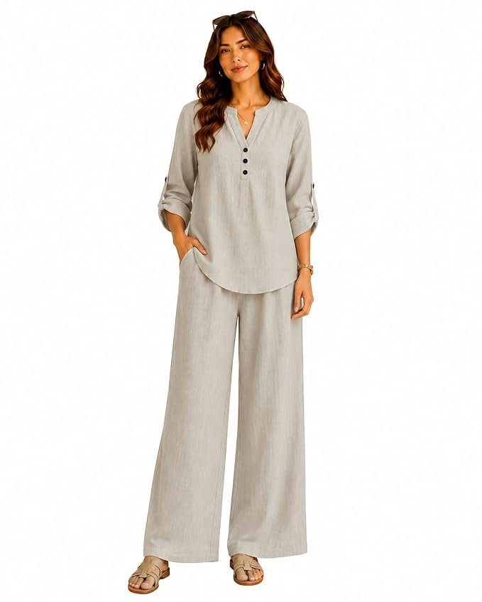 TAGDO Women’s Co-Ord Set with Long Sleeve Top and Wide Leg Trousers | Kurta Sets for Woman | V-Neck Button Front Shirt and Matching Pants Set for Casual, Office & Everyday Wear (2071)